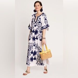 Frances Valentine White Caftan/Dress with Blue Embroidery Sz. 12